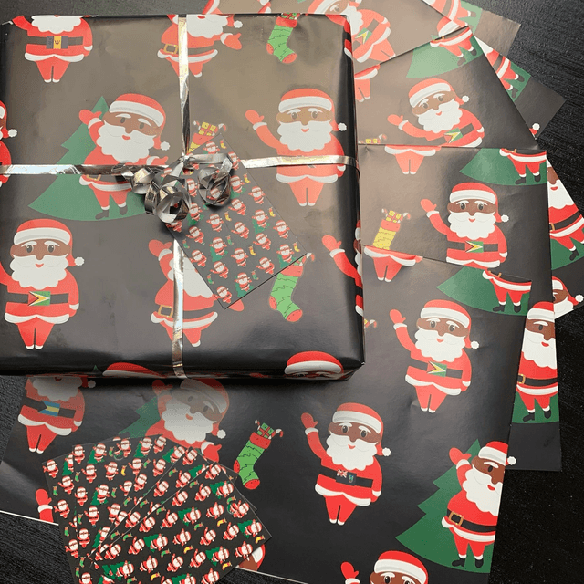 Black Afro Caribbean  Santa Wrapping Paper - 5 sheet Gift Wrap Pack 
