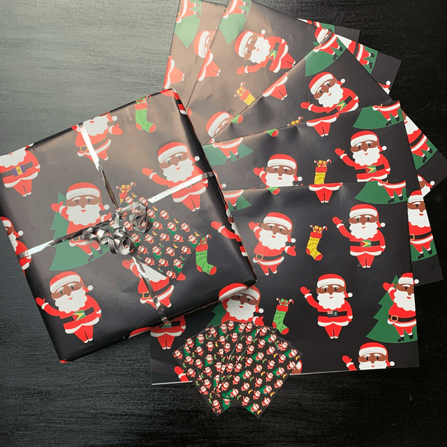 Black Afro Caribbean  Santa Wrapping Paper - 5 sheet Gift Wrap Pack 